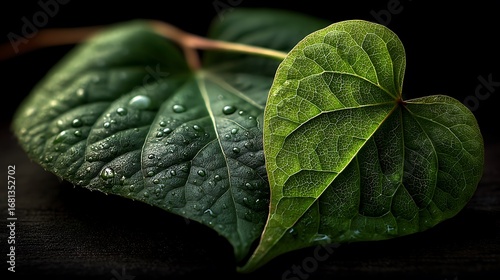A single heart-shaped green leaf, resembling a Bodhi leaf, emerging alone from pure darkness. Minimalist style with wide negative space, with tiny water droplets scattered mainly on the upper half.