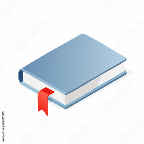 Isometric Illustration of a Blue Hardcover Book with a Red Bookmark