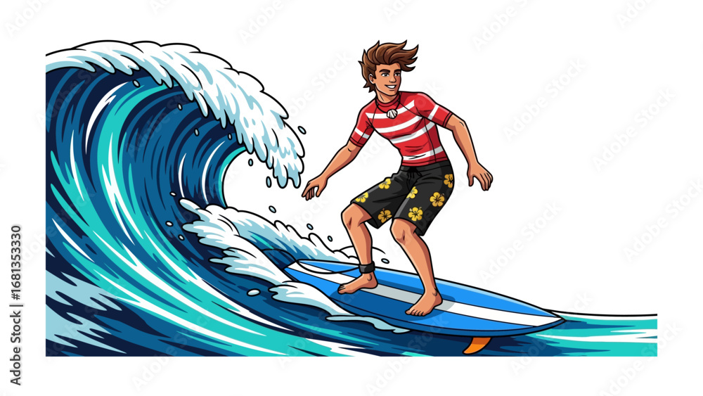Fototapeta premium Riding the Wave of Adventure: A vibrant illustration showcases a surfer carving through a towering wave, embodying the thrill of the ocean.