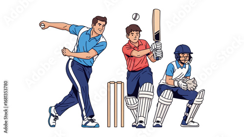 Cricket Action: Capturing the essence of cricket, a bowler in mid-delivery, a batsman poised to strike, and a wicketkeeper ready to catch the ball.