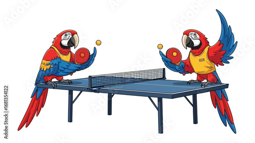 Parrots in a Table Tennis Match: Two vibrant parrots engage in a lively table tennis game, showcasing skill, agility, and the thrill of sport. This image evokes joy and lightheartedness.