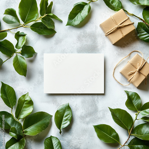 Fresh Green Leaves Frame a Blank Card with Natural Gifts. ai generated