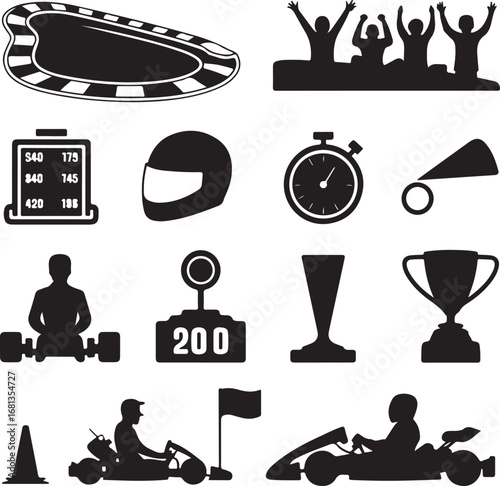 Go Kart Racing Icons Silhouette Collection With Track And Trophy Keywords: go kart, karting