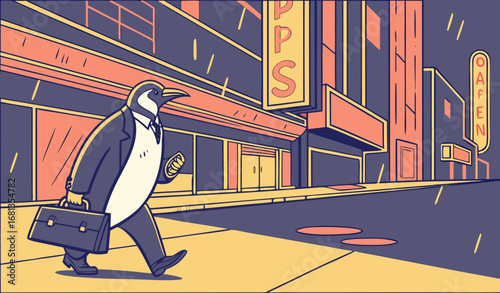 A penguin in a business suit carrying a briefcase, walking confidently through Times Square at night, neon signs reflecting on wet streets, cinematic motion blur, humorous and ultra-realistic."