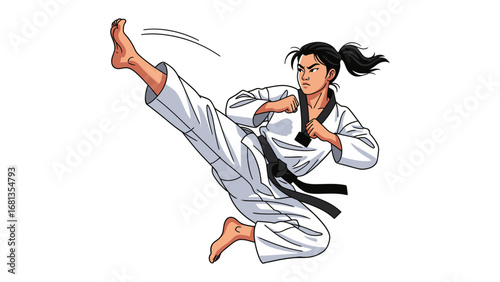 Dynamic Martial Artist in Action: A determined martial artist, executed with the precision of a comic illustration, launches a powerful kick, capturing the essence of strength and discipline.