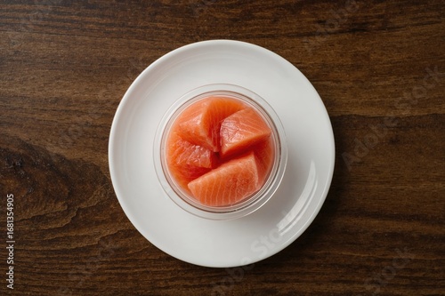 Sliced pink salmon stored i...