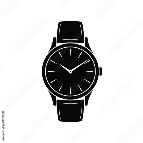 Classic black wristwatch with leather strap isolated on white background