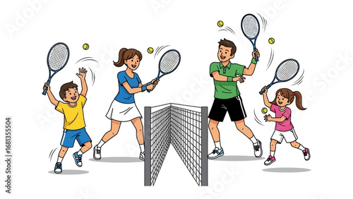 Family Tennis Fun: A vibrant illustration of a family enthusiastically playing tennis, capturing a moment of joyful recreation on a sunny day.  Showcasing the spirit of teamwork and physical activity.