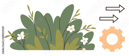 Green shrubbery with white flowers alongside arrows and a gear symbolizing growth, direction, and process. Ideal for ecology, nature, innovation, strategy, workflow sustainability teamwork. Simple