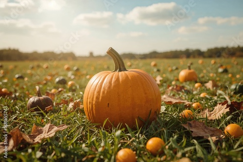 Orange pumpkins on grassy garden landscape, autumn food and nature theme