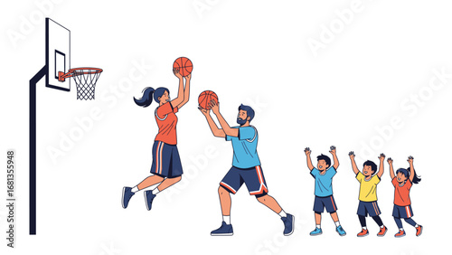 Basketball Family Moment: A heartwarming illustration depicting a family engaged in a spirited basketball game, showcasing the values of unity, sportsmanship, and active living. 