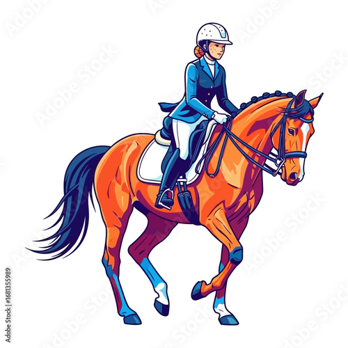 Equestrian Harmony: An elegantly illustrated image showcasing a skilled equestrian athlete riding a beautiful horse, portraying a harmonious partnership between person and animal.