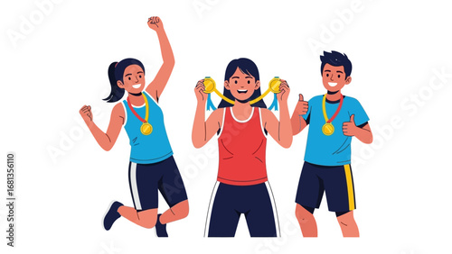 Triumphant Athletes: A dynamic illustration captures the elation of athletic achievement as three champions celebrate their victories.
