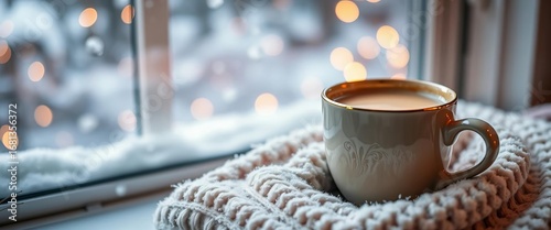 Cozy coffee, snowy scene, blanket, windowsill, bokeh,   photography,   image