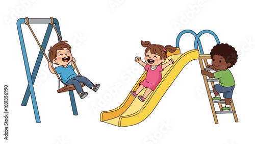 Joyful Playground: A charming illustration depicts three young children joyfully engaged in playful activities on a sunny day at a vibrant playground, evoking feelings of innocent fun.