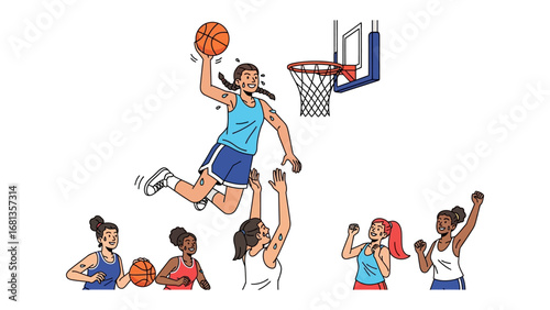 Basketball Slam Dunk: A dynamic illustration capturing the intense action of a female basketball player executing a powerful slam dunk, symbolizing the thrill of competition.