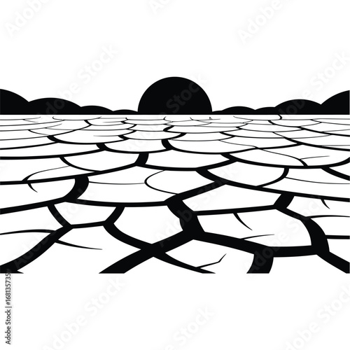 Cracked earth landscape with silhouette sun and hills
