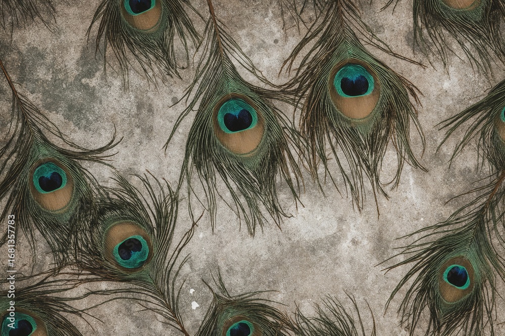 Obraz premium Vintage stone surface adorned with peacock feathers