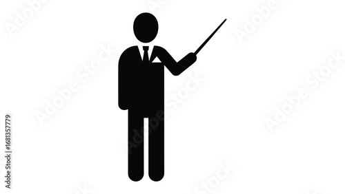 Professional Presentation Silhouette: A sleek black silhouette of a presenter, arm extended with a pointer, ready to engage and captivate an audience.
