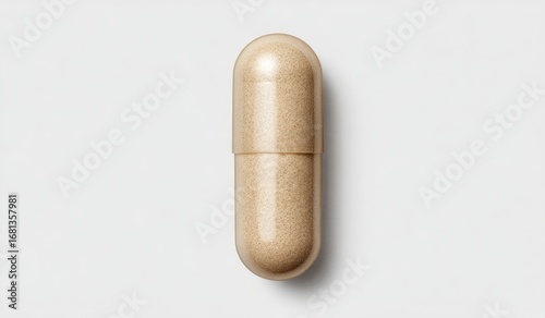 Light beige capsule, top view.  Empty, oblong, smooth,  and glossy