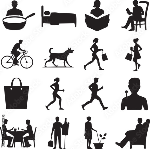 Collection of Silhouetted People Engaged in Various Daily Activities icons daily life