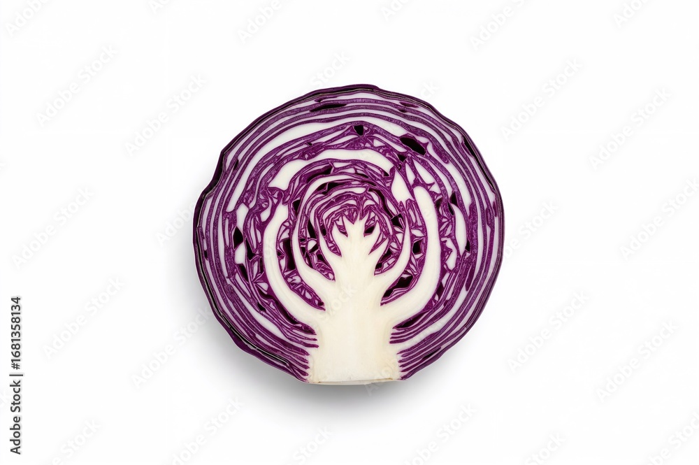Fototapeta premium Half-cut purple cabbage against a plain white backdrop