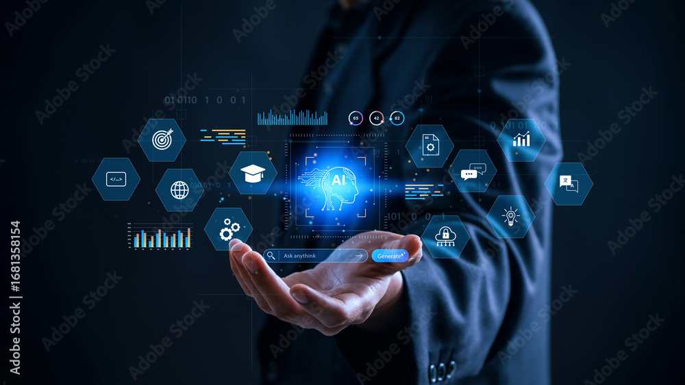 Fototapeta premium AI agent learning concept showing digital brain interface and machine learning icons in businessman hand, symbolizing intelligent automation, data processing, neural networks and smart technology