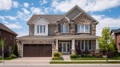 TwoStory Stone and Siding House with Covered Porch and Brown Garage Door