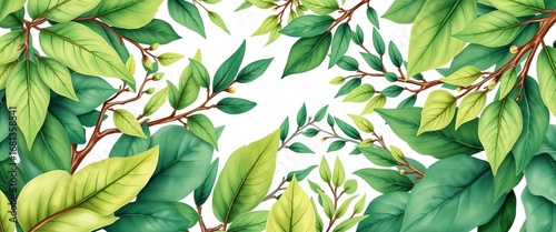 Abstract tropical foliage, watercolor green leaves & branches, hand-drawn botanical pattern,  vibrant,  illustration