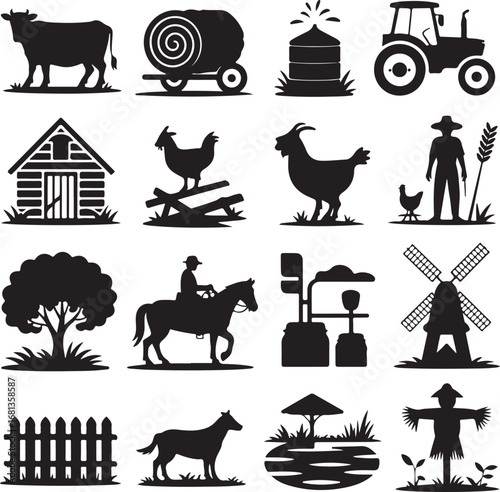 Farm and Agriculture Icons in Silhouette Style hay bale silo