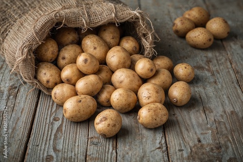 Potatoes spilled out of a b...