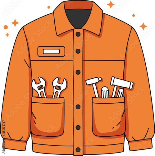 Work jacket with tools in pockets on white background  