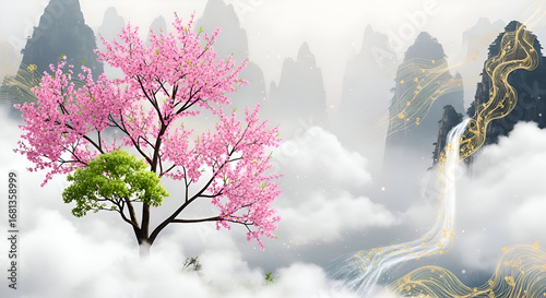 Cherry blossom tree and waterfall in a misty mountain scene