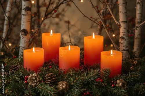 Birch-adorned orange candles