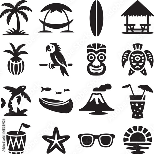 Tropical island vacation icons including palm tree surfboard and volcano Keywords: palm tree
