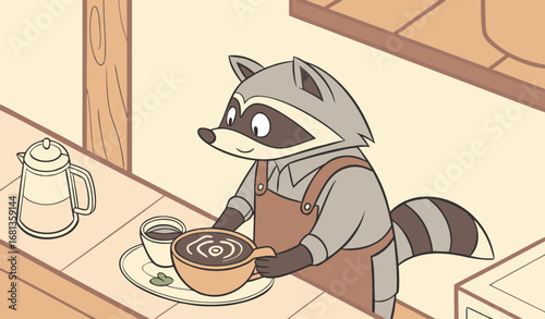 A raccoon barista making latte art in a cozy café, soft warm lighting, shallow depth of field, cinematic detail, photorealistic and charming stock image style."