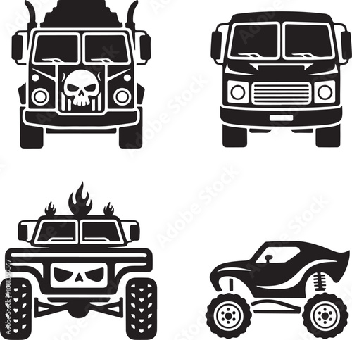 Four black silhouette icons of monster trucks and off road vehicles Keywords: monster truck off