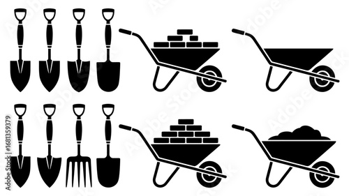 Black and White Illustration of Garden Tools for Landscaping and Yard Work