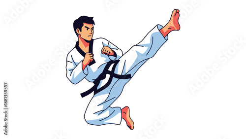 Martial Arts Master: A dynamic illustration of a skilled martial artist executing a powerful high kick in traditional attire, demonstrating strength, discipline, and the art of self-defense.