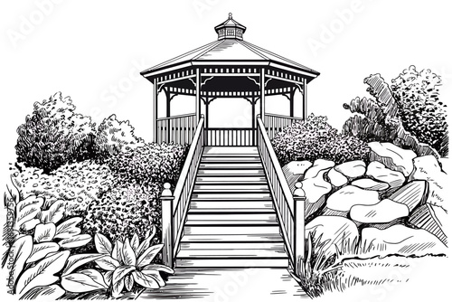 Black and White Line Art Gazebo Escape amidst lush garden in this illustration