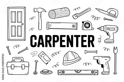 Carpenter's Essential Toolkit A black and white Line Art Illustration of Handyman's Tools