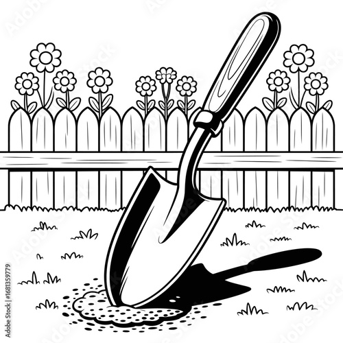 Whimsical Garden Scene A Black and White Shovel Line Art Illustration