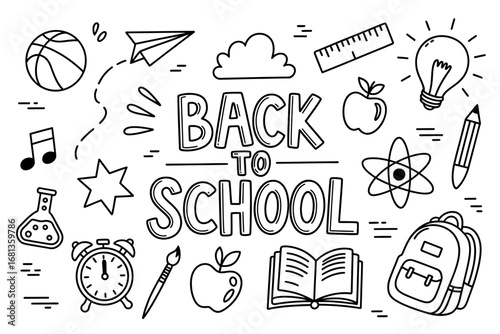 A Black-and-White Back to School Line Art Illustration Emphasizing Education and Learning Supplies