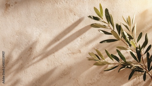 Olive branch shadows on a beige surface