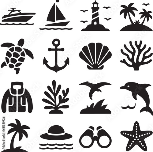 Nautical and Tropical Island Icons in Silhouette Style palm tree sailboat