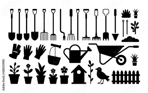 Black and White Sketch of Gardening Tools Illustration,  creating a minimalistic style for garden and outdoor illustrations