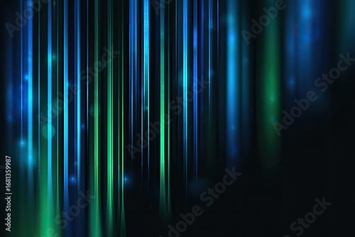Abstract vertical lines of glowing, vibrant blue and green light on a dark background