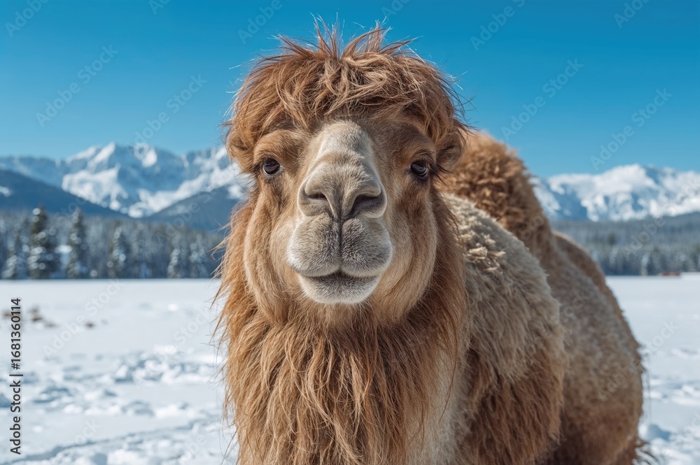 Fototapeta premium Winter portrait of a northern camel against a snowy scenic backdrop