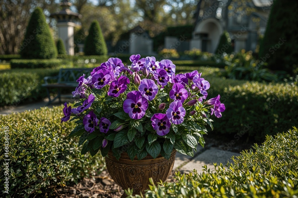 Obraz premium Vibrant purple pansy viola x wittrockingagams blooming in a flowerpot during spring and summer, showcasing natural beauty in a garden setting