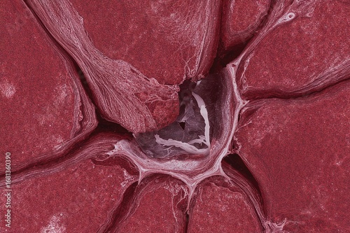 View of the atrium's inner lining revealing the myocardium beneath the endocardium layer, the heart wall's deepest part, coated by endothelium and connective tissue support.